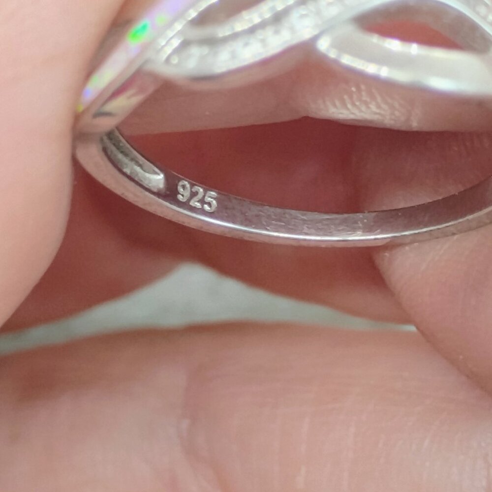 Sterling Silver Infinity Knot Ring W/ Opal Inlay and Cubic Zirconia Size 7.5 - Picture 2 of 4